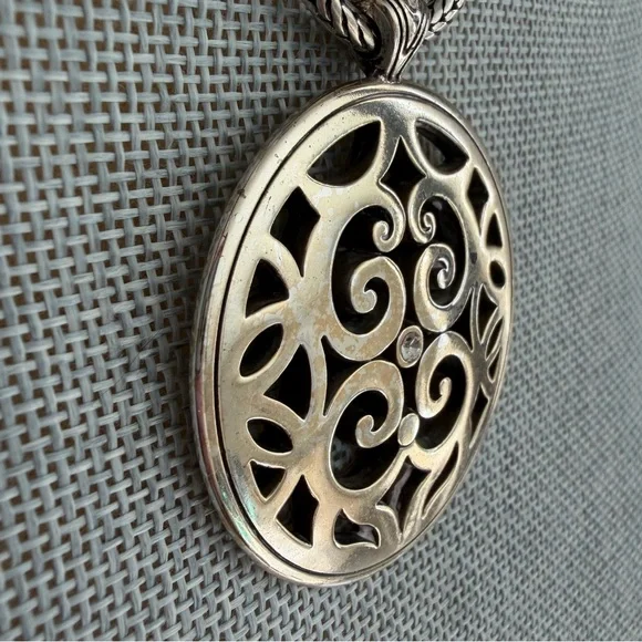 Brighton Contempo Medallion Rhinestone Charm Necklace Oval Silver Plated Scroll